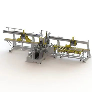 Machine Operating Inline, with Layout and Evacuation via Conveyor Tables or Clamps, 1 or 2 Vertical Spindles with Anti-Chip Device